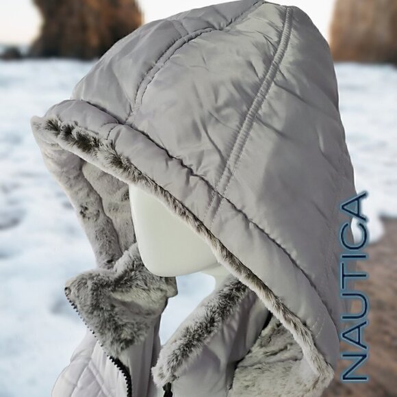 Nautica | Women's Hooded  Puffer Jacket Detachable Fx Fur Hood | Silver | NWOT - Picture 8 of 15